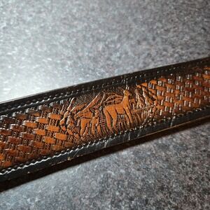 Genuine Leather Belt Size 36 Deer Western Detail Brown‎